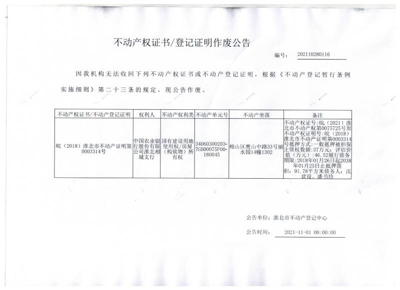 中国农业银行股份有限公司淮北相城支行不动产权证书/登记证明作废公告