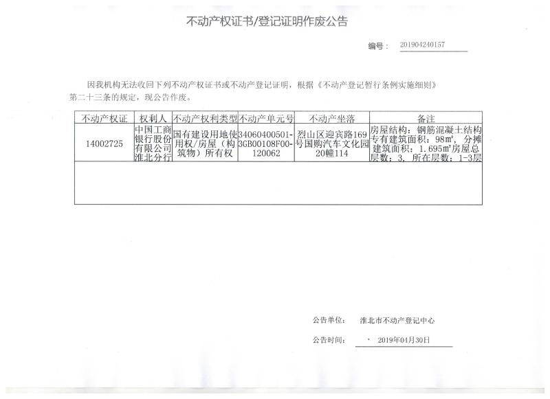 中国工商银行股份有限公司淮北分行 不动产权证书/登记证明作废公告