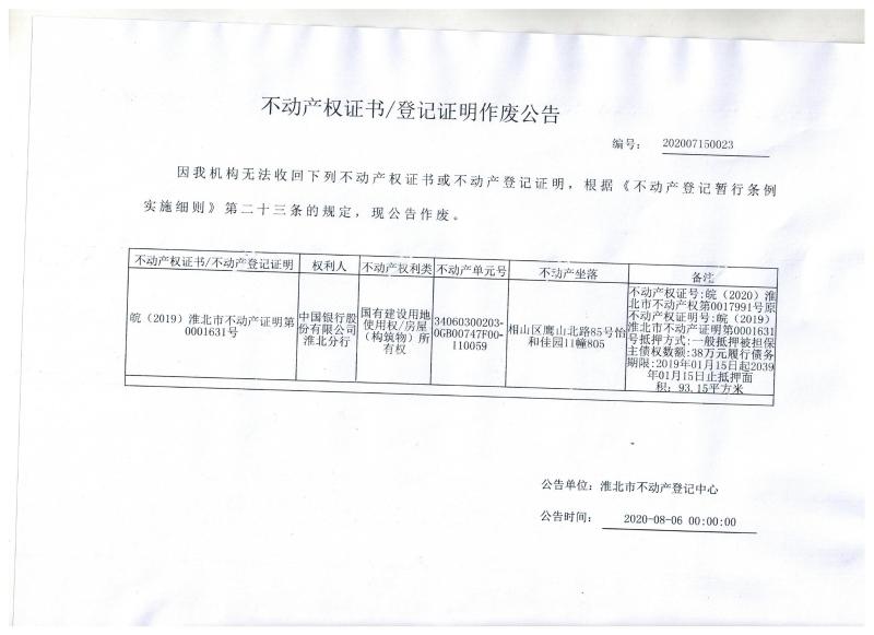 中国银行股份有限公司淮北分行不动产权证书 登记证明作废公告